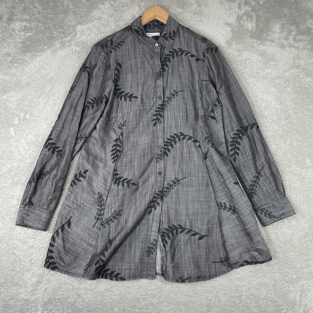 Foxcroft Button Down Shirt Womens 8 Gray Embroidered Leaf Tunic Long Sleeve